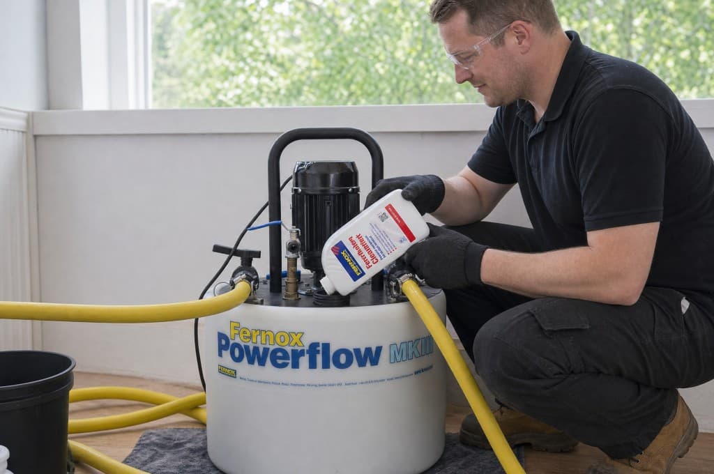 Heating engineer adding Fernox cleaner to a Powerflow machine during a central heating power flush